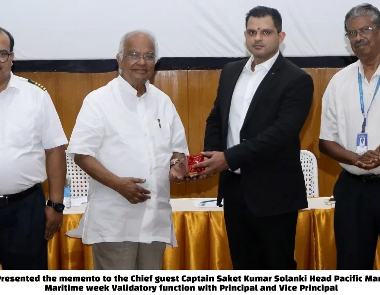 Our President Presented the memento to the Chief guest Captain Saket Kumar Solanki Head Pacific Manning Agency in Maritime week Validatory function with Principal and Vice Principal