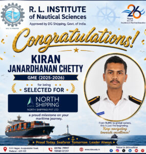 RLINS Cadet Kiran Janardhanan Chetty Selected by North Shipping Pvt. Ltd.