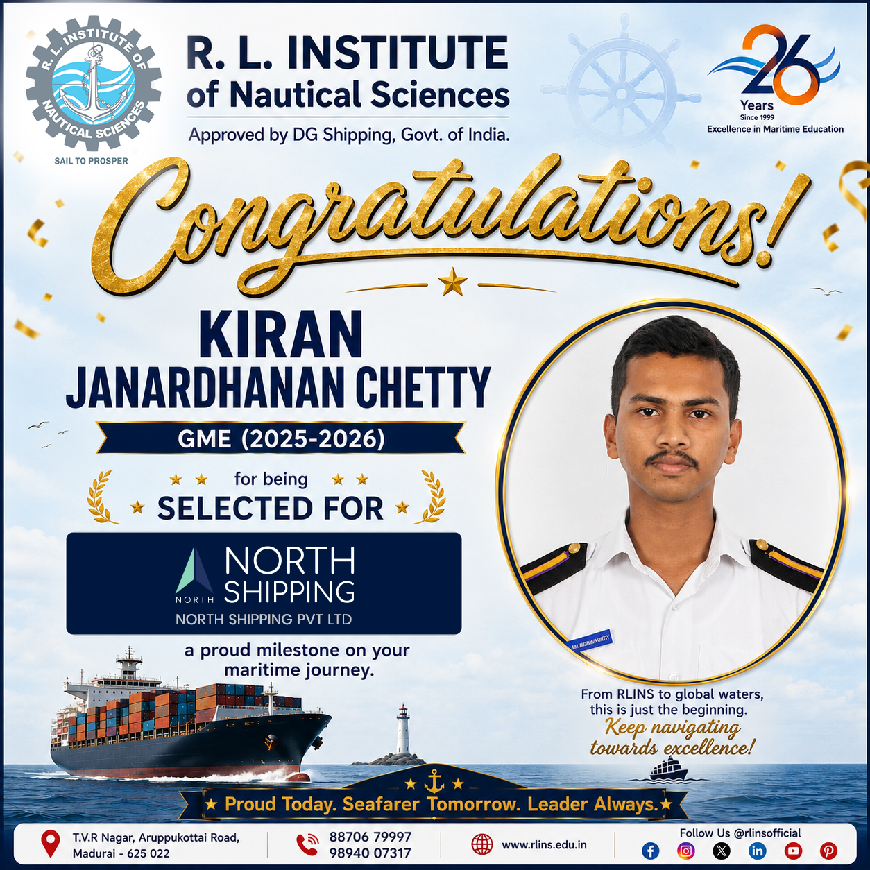 RLINS Cadet Kiran Janardhanan Chetty Selected by North Shipping Pvt. Ltd.
