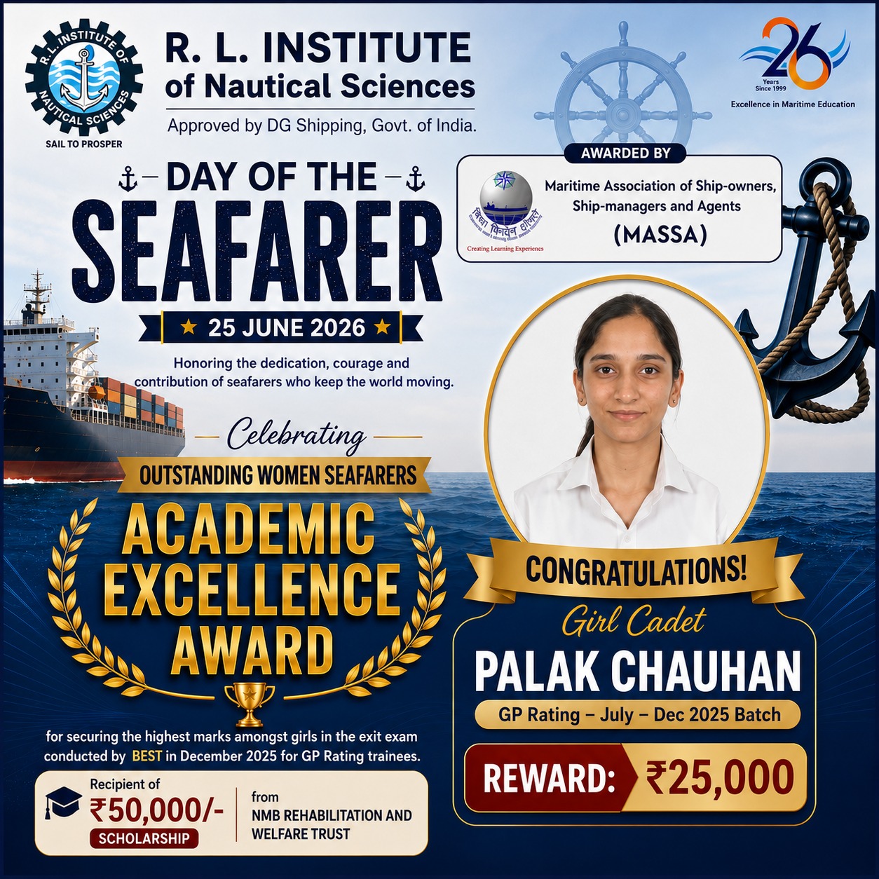 RLINS Cadet Honoured with Academic Excellence Award on Day of the Seafarer 2026